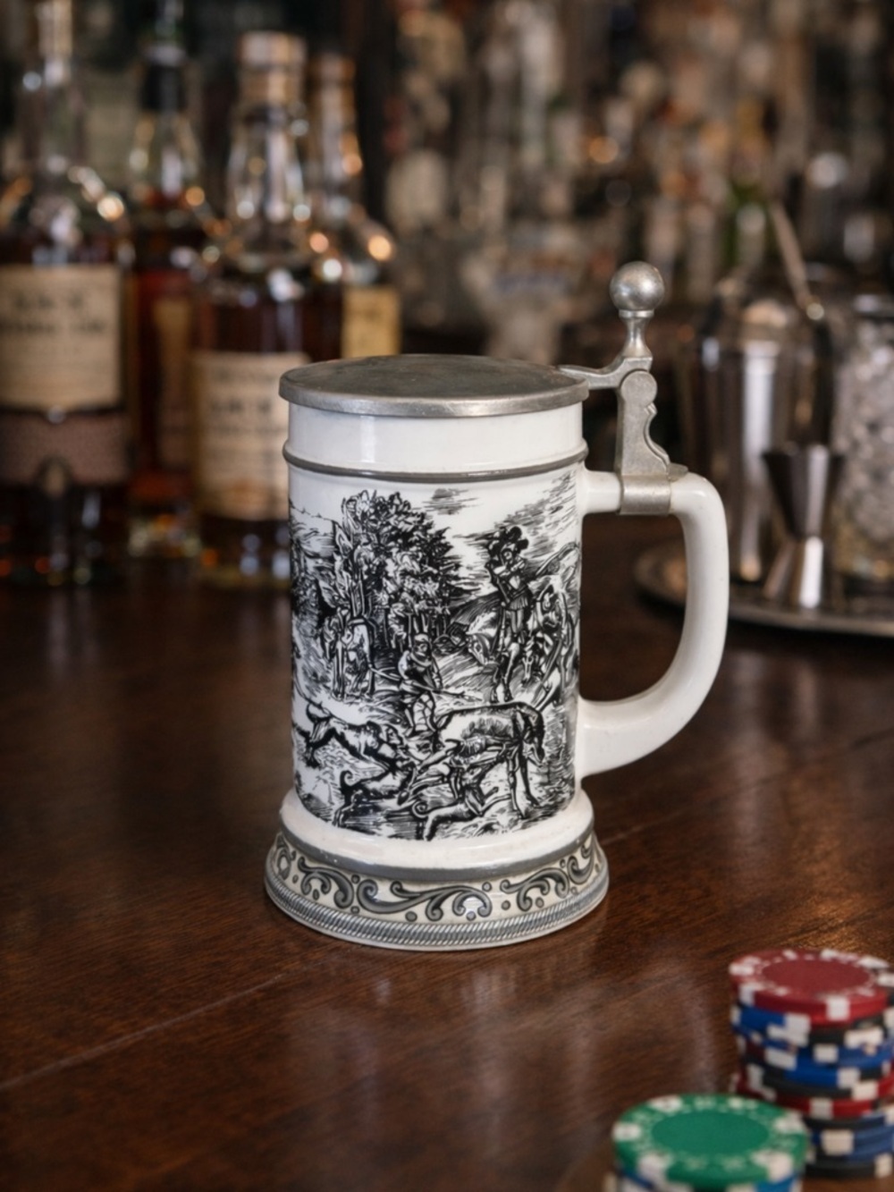 Vintage White Milk Glass German Beer Stein Mug with Pewter Lid